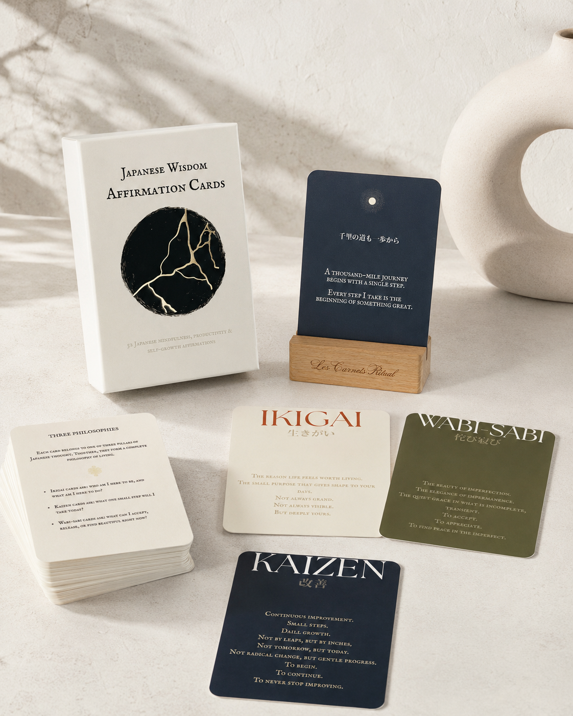 Japanese Wisdom Affirmation Cards -mindfull philosophy, manifestation, Ikigai, Kaizen, Wabisabi Zen mind