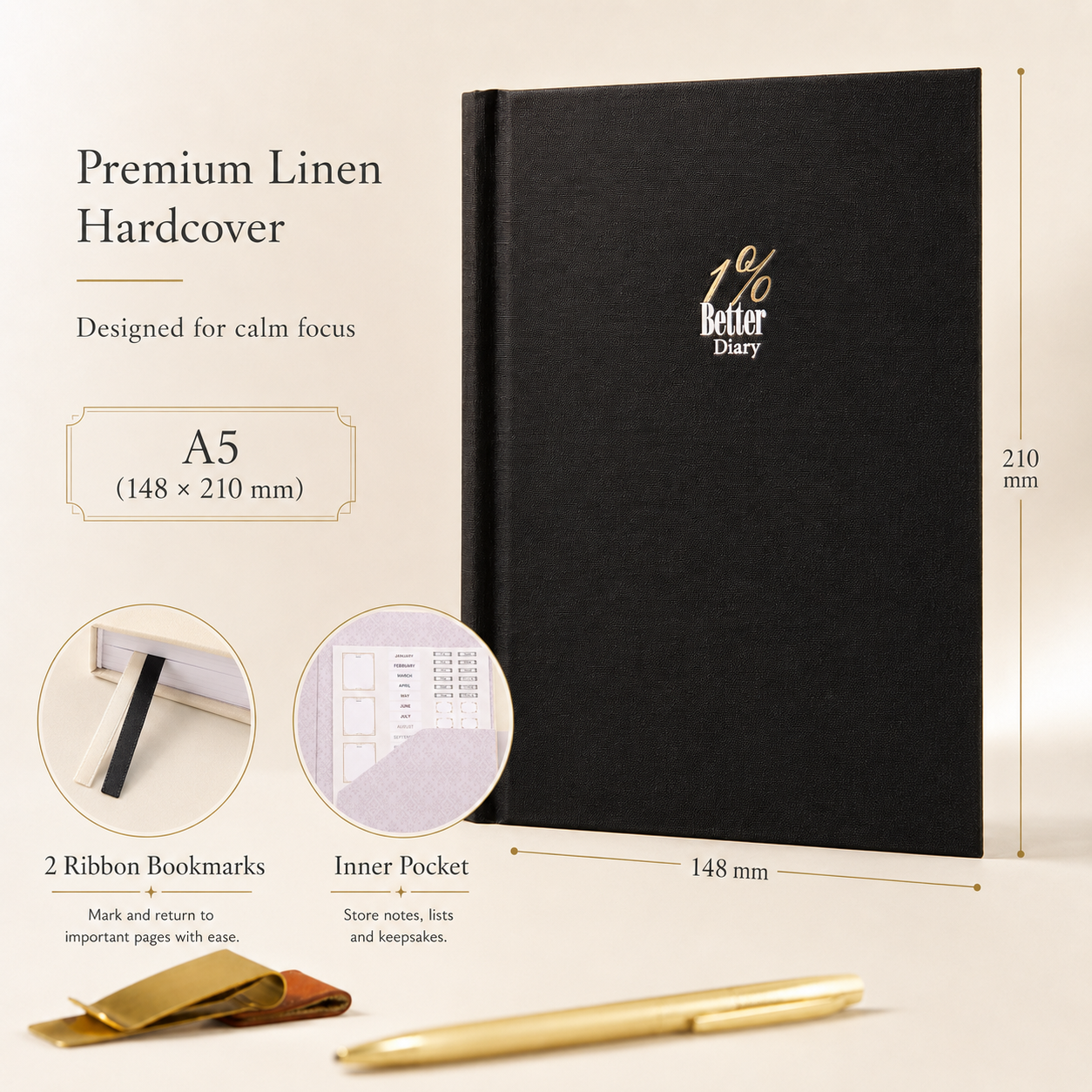 1% Better Journal - A5 Gift Set (Includes Premium Accessories) – ADHD Friendly Undated Daily Productivity Planner A5 Journal